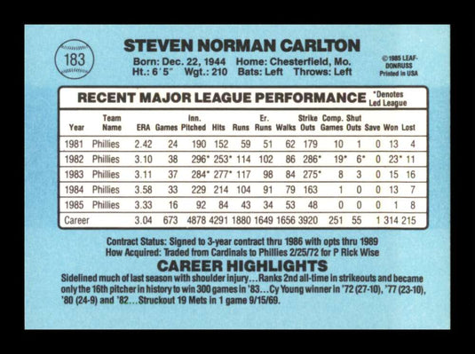 1986 Donruss Steve Carlton 