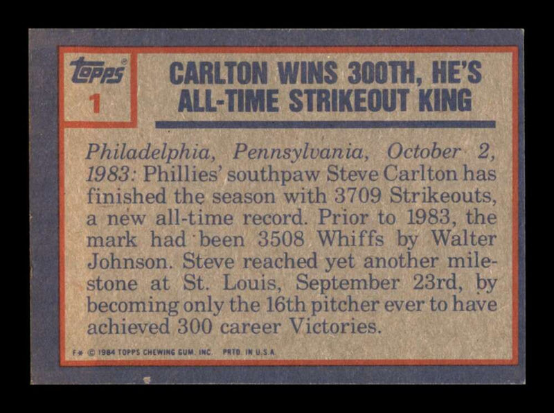 Load image into Gallery viewer, 1984 Topps Steve Carlton #1 Philadelphia Phillies Image 2
