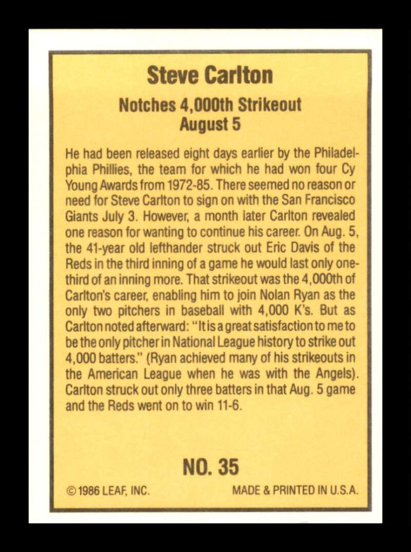 Load image into Gallery viewer, 1986 Donruss Highlights Steve Carlton #35 San Francisco Giants Image 2
