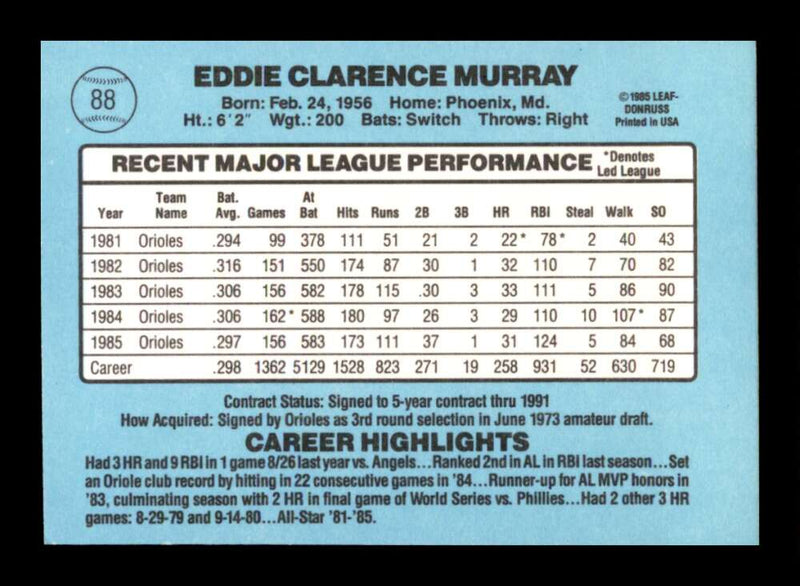 Load image into Gallery viewer, 1986 Donruss Eddie Murray #88 Baltimore Orioles Image 2
