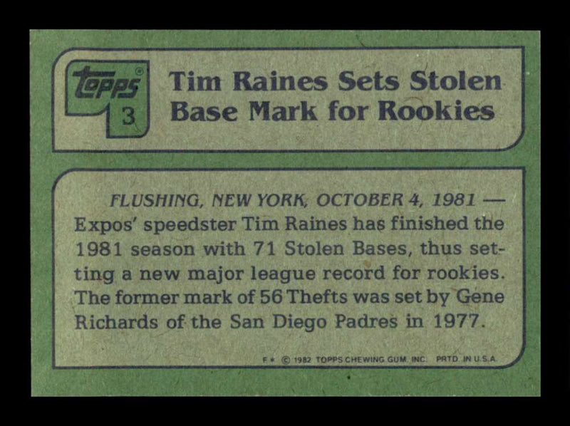 Load image into Gallery viewer, 1982 Topps Tim Raines #3 Montreal Expos Image 2
