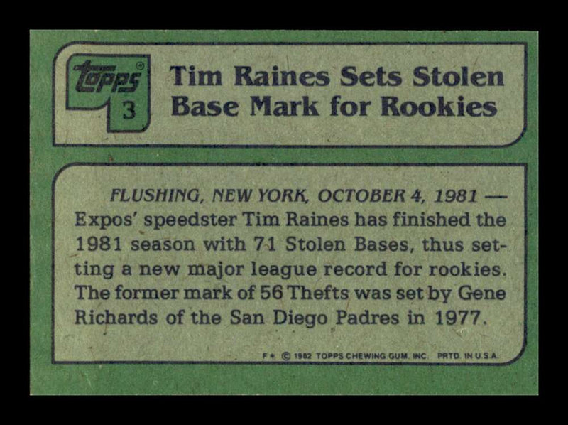 Load image into Gallery viewer, 1982 Topps Tim Raines #3 Montreal Expos Image 2
