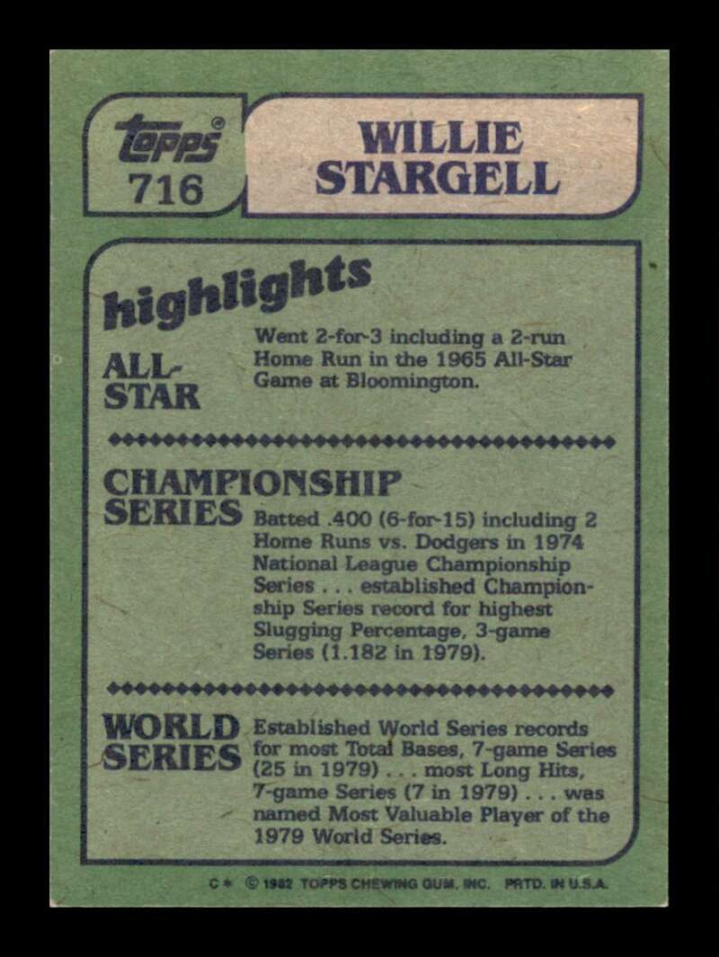 Load image into Gallery viewer, 1982 Topps Willie Stargell #716 Pittsburgh Pirates Image 2
