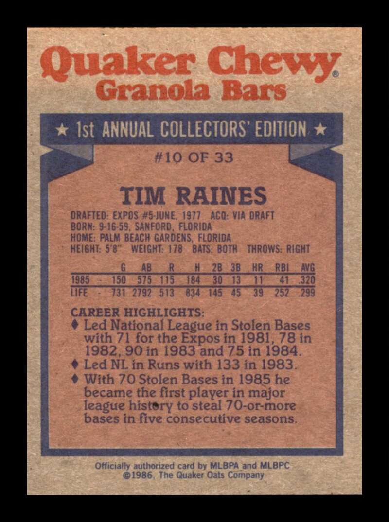 Load image into Gallery viewer, 1986 Topps Quaker Granola Tim Raines #10 Montreal Expos Image 2
