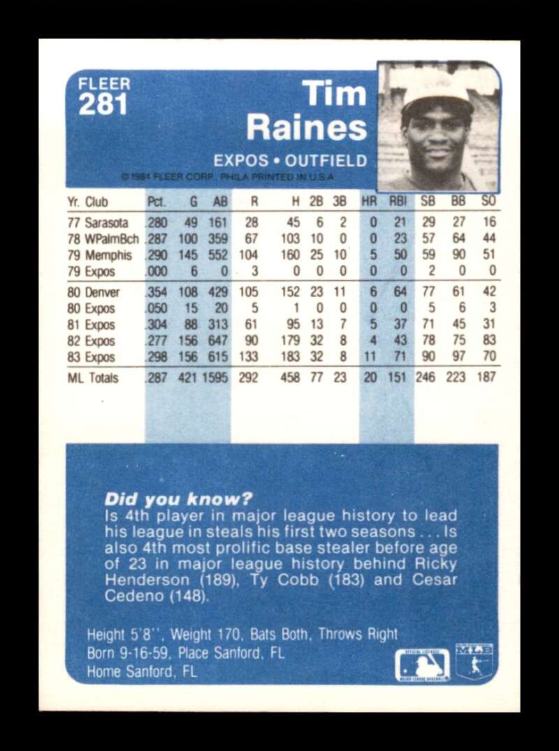 Load image into Gallery viewer, 1984 Fleer Tim Raines #281 Montreal Expos Image 2
