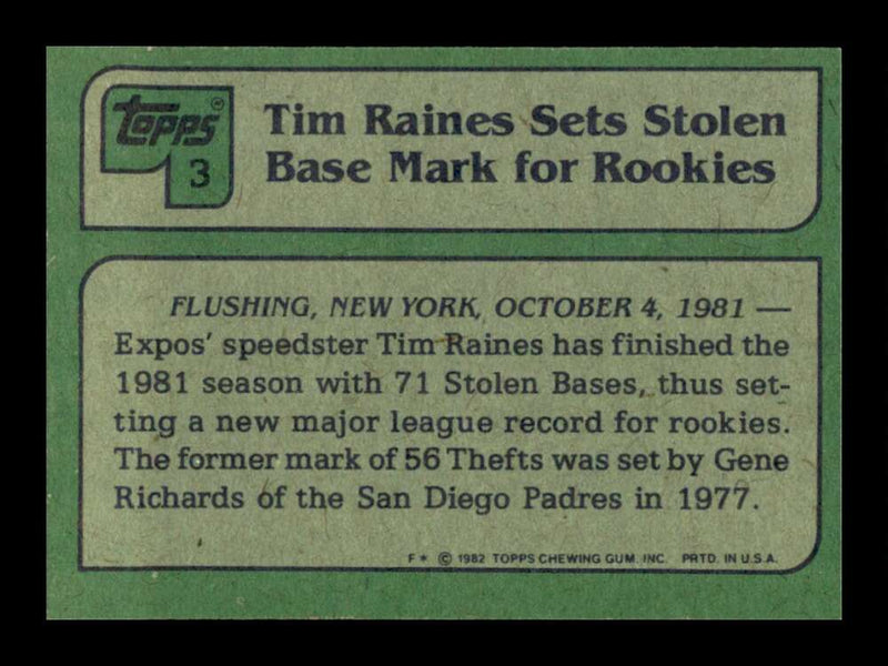 Load image into Gallery viewer, 1982 Topps Tim Raines #3 Montreal Expos Image 2
