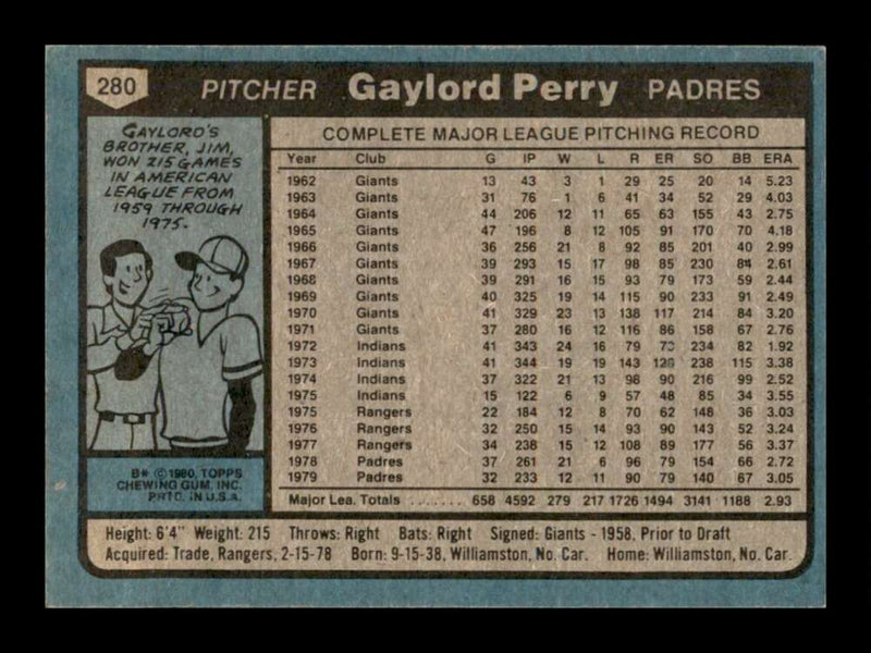 Load image into Gallery viewer, 1980 Topps Gaylord Perry #280 San Diego Padres Image 2
