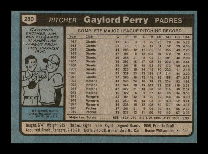 Load image into Gallery viewer, 1980 Topps Gaylord Perry #280 San Diego Padres Image 2
