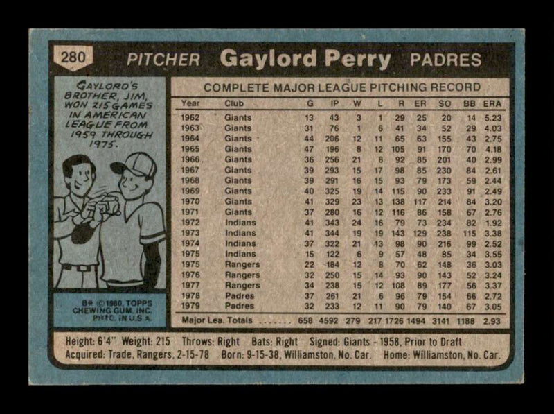 Load image into Gallery viewer, 1980 Topps Gaylord Perry #280 San Diego Padres Image 2
