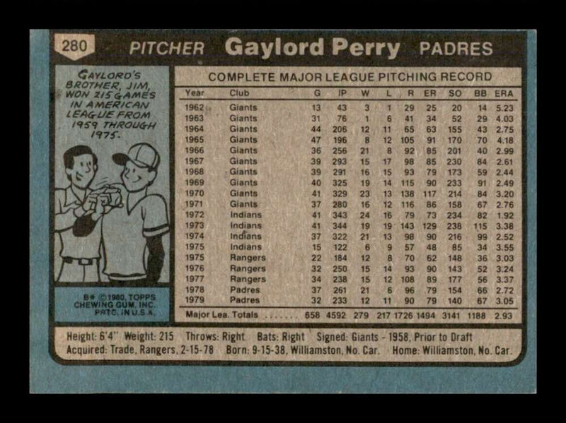 Load image into Gallery viewer, 1980 Topps Gaylord Perry #280 San Diego Padres Image 2
