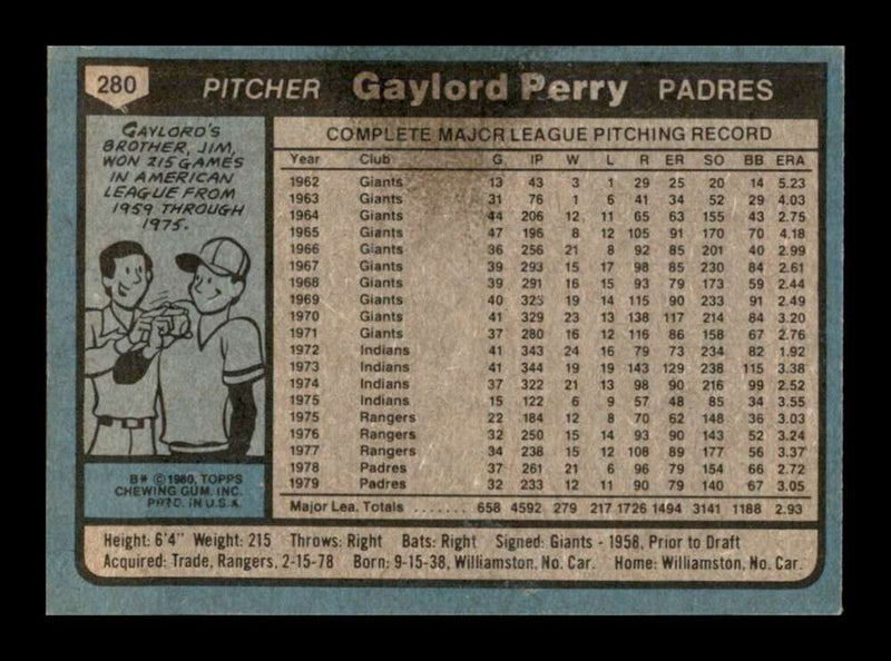 Load image into Gallery viewer, 1980 Topps Gaylord Perry #280 San Diego Padres Image 2
