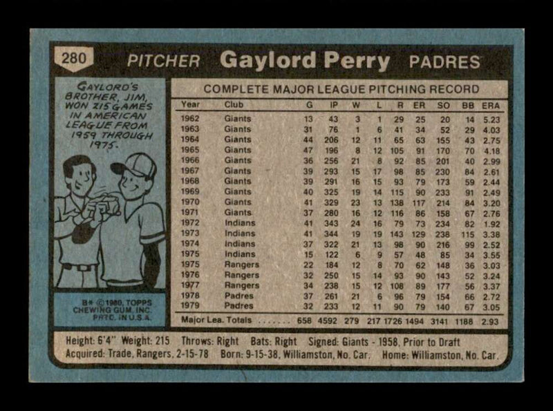 Load image into Gallery viewer, 1980 Topps Gaylord Perry #280 San Diego Padres Image 2
