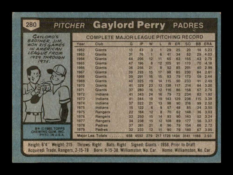 Load image into Gallery viewer, 1980 Topps Gaylord Perry #280 San Diego Padres Image 2
