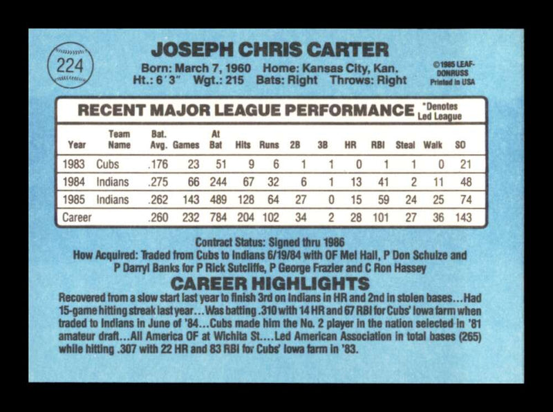 Load image into Gallery viewer, 1986 Donruss Joe Carter #224 Cleveland Indians Image 2
