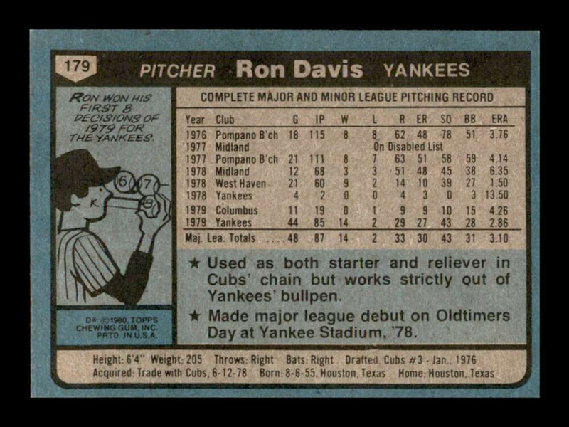 Load image into Gallery viewer, 1980 Topps Ron Davis #179 Rookie RC New York Yankees Image 2
