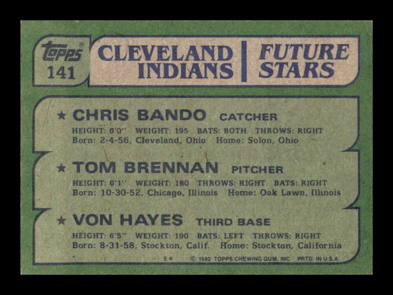 Load image into Gallery viewer, 1982 Topps Chris Bando Tom Brennan Von Hayes #141 Rookie RC Cleveland Indians Image 2
