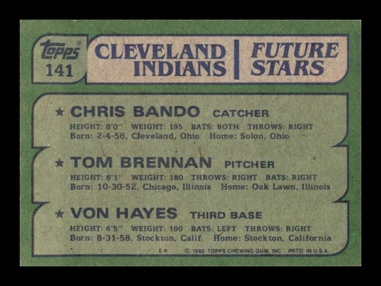 1982 Topps Chris Bando Tom Brennan Von Hayes 