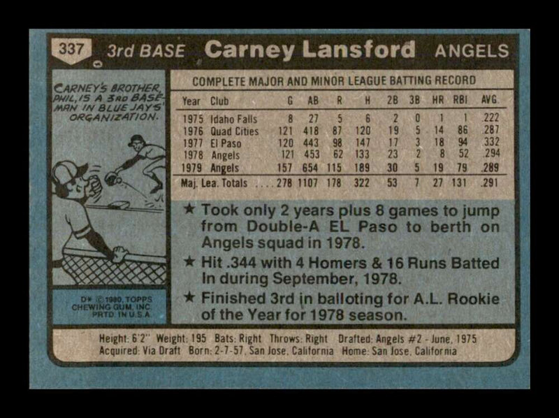 Load image into Gallery viewer, 1980 Topps Carney Lansford #337 California Angels Image 2
