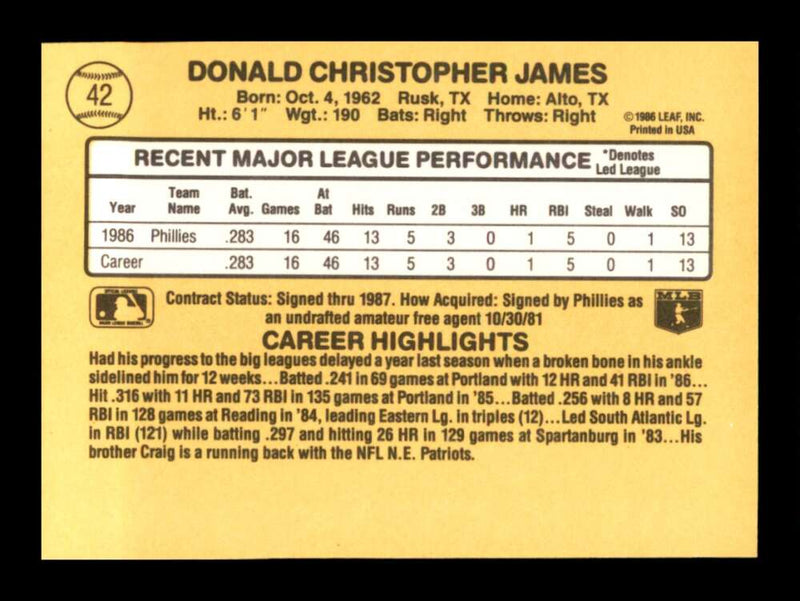 Load image into Gallery viewer, 1987 Donruss Chris James #42 Rookie RC Philadelphia Phillies Image 2
