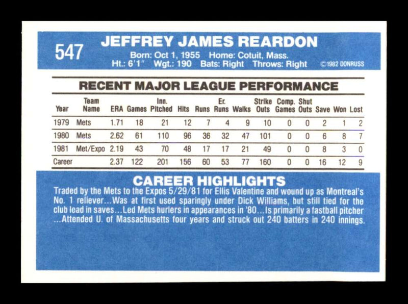 Load image into Gallery viewer, 1982 Donruss Jeff Reardon #547 Montreal Expos Image 2
