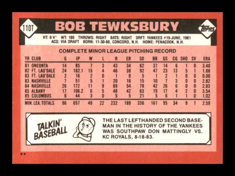 Load image into Gallery viewer, 1986 Topps Traded Bob Tewksbury #110T New York Yankees Image 2
