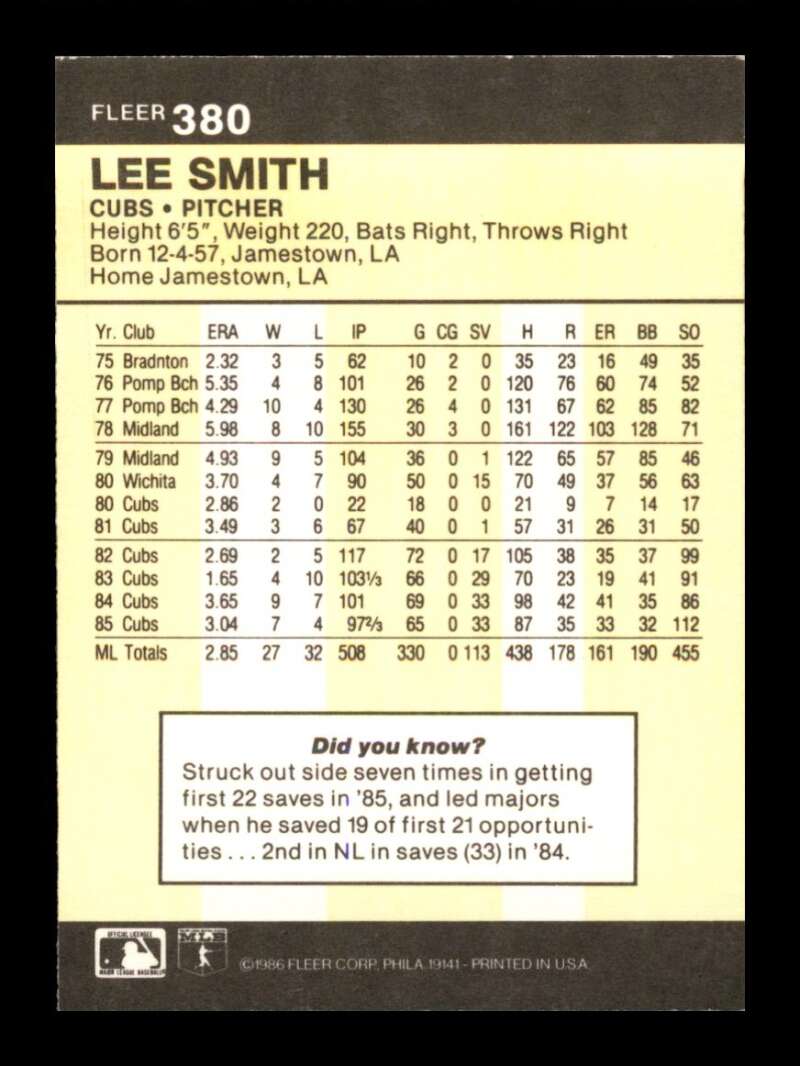 Load image into Gallery viewer, 1986 Fleer Lee Smith #380 Chicago Cubs Image 2
