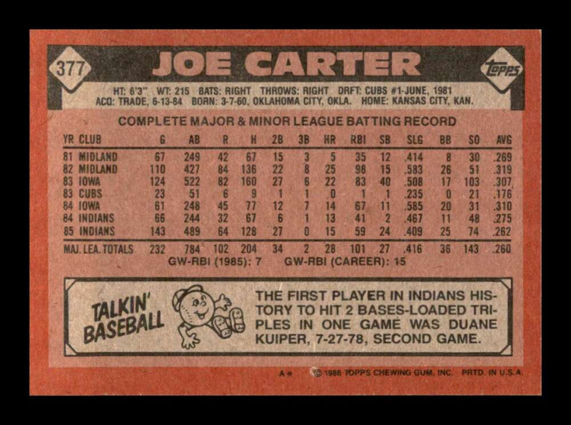 Load image into Gallery viewer, 1986 Topps Joe Carter #377 Cleveland Indians Image 2
