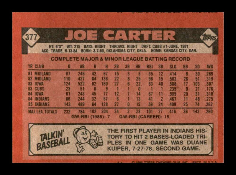 Load image into Gallery viewer, 1986 Topps Joe Carter #377 Cleveland Indians Image 2
