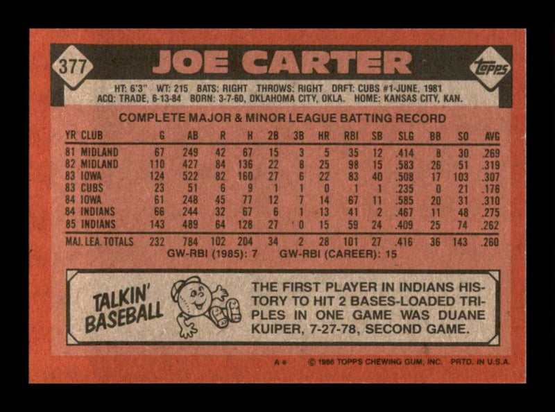 Load image into Gallery viewer, 1986 Topps Joe Carter #377 Cleveland Indians Image 2
