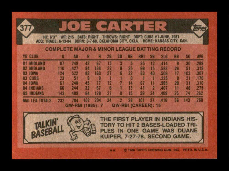 Load image into Gallery viewer, 1986 Topps Joe Carter #377 Cleveland Indians Image 2
