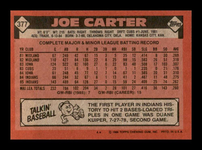 Load image into Gallery viewer, 1986 Topps Joe Carter #377 Cleveland Indians Image 2
