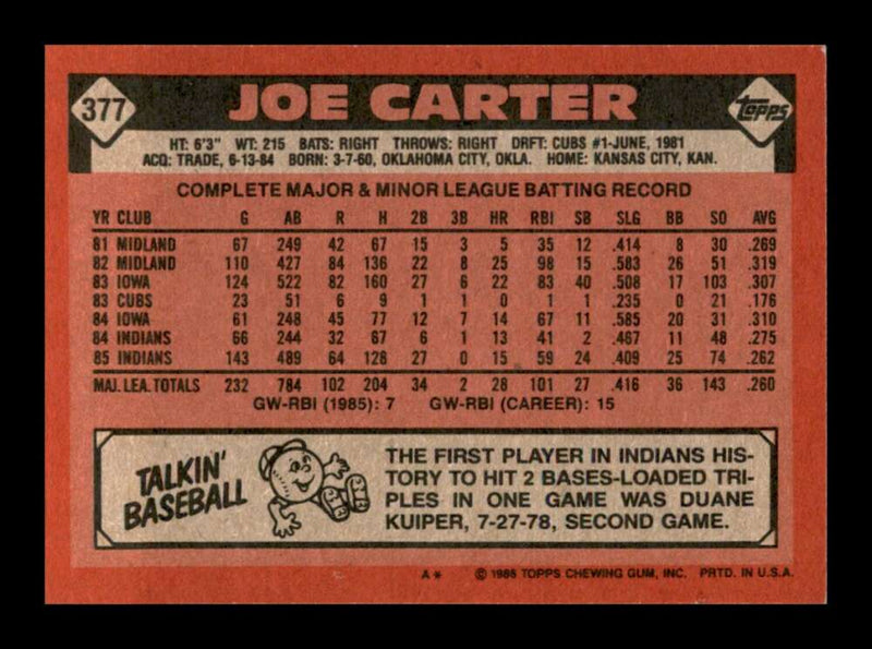 Load image into Gallery viewer, 1986 Topps Joe Carter #377 Cleveland Indians Image 2
