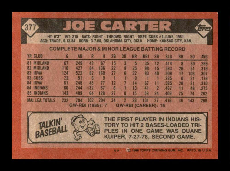 Load image into Gallery viewer, 1986 Topps Joe Carter #377 Cleveland Indians Image 2
