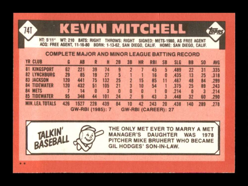 Load image into Gallery viewer, 1986 Topps Traded Kevin Mitchell #74T New York Mets Image 2
