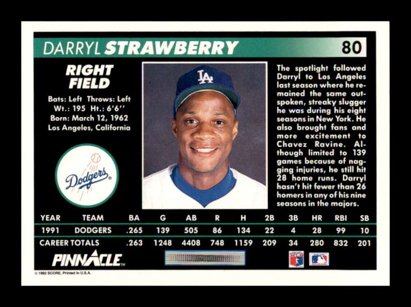 Load image into Gallery viewer, 1992 Pinnacle Darryl Strawberry #80 Los Angeles Dodgers Image 2
