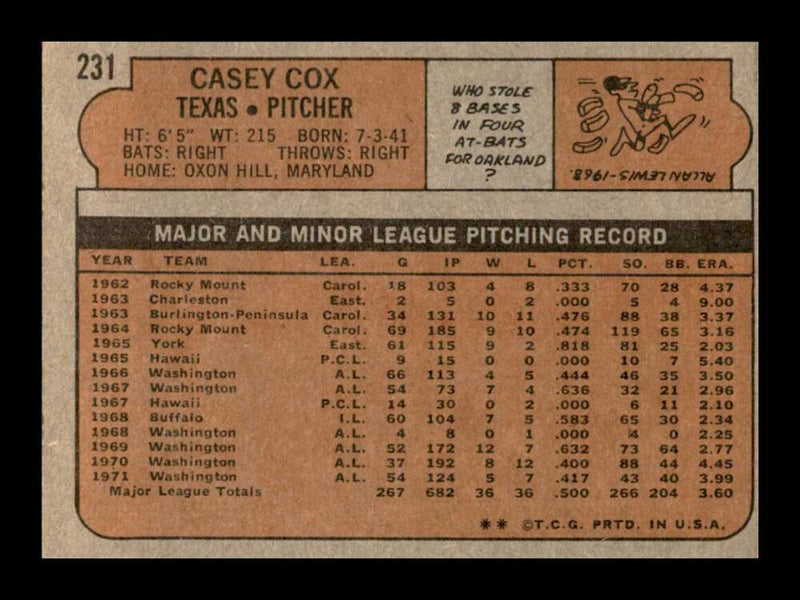 Load image into Gallery viewer, 1972 Topps Casey Cox #231 Set Break Texas Rangers Image 2
