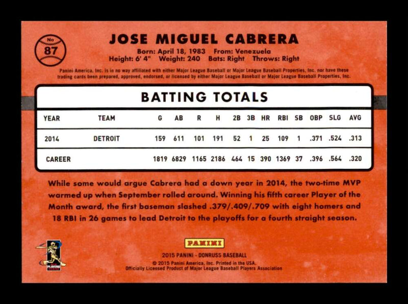 Load image into Gallery viewer, 2015 Donruss Miguel Cabrera #87 Detroit Tigers Image 2
