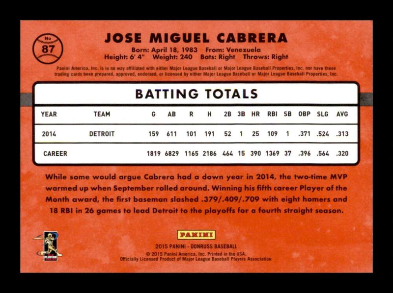 Load image into Gallery viewer, 2015 Donruss Miguel Cabrera #87 Detroit Tigers Image 2
