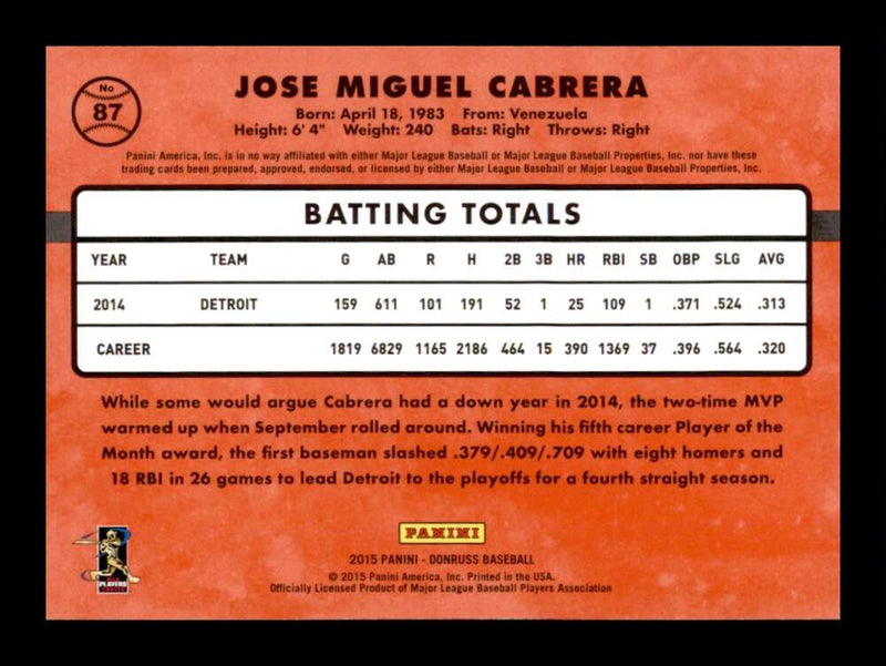 Load image into Gallery viewer, 2015 Donruss Miguel Cabrera #87 Detroit Tigers Image 2
