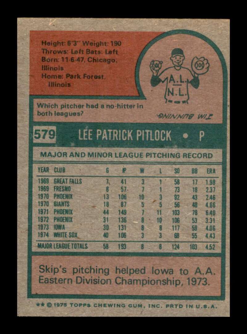 Load image into Gallery viewer, 1975 Topps Skip Pitlock #579 Set Break Chicago White Sox Image 2
