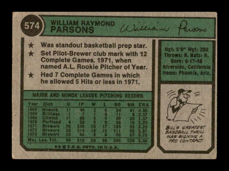 Load image into Gallery viewer, 1974 Topps Bill Parsons #574 Set Break Milwaukee Brewers Image 2
