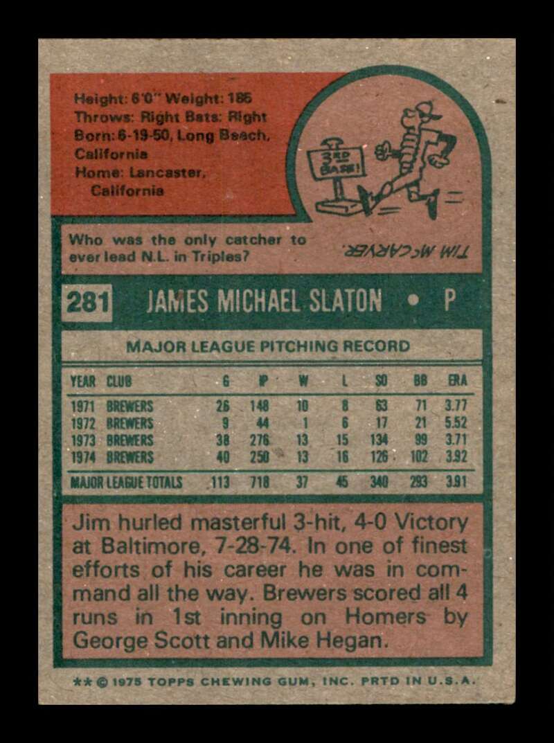 Load image into Gallery viewer, 1975 Topps Jim Slaton #281 Set Break Milwaukee Brewers Image 2
