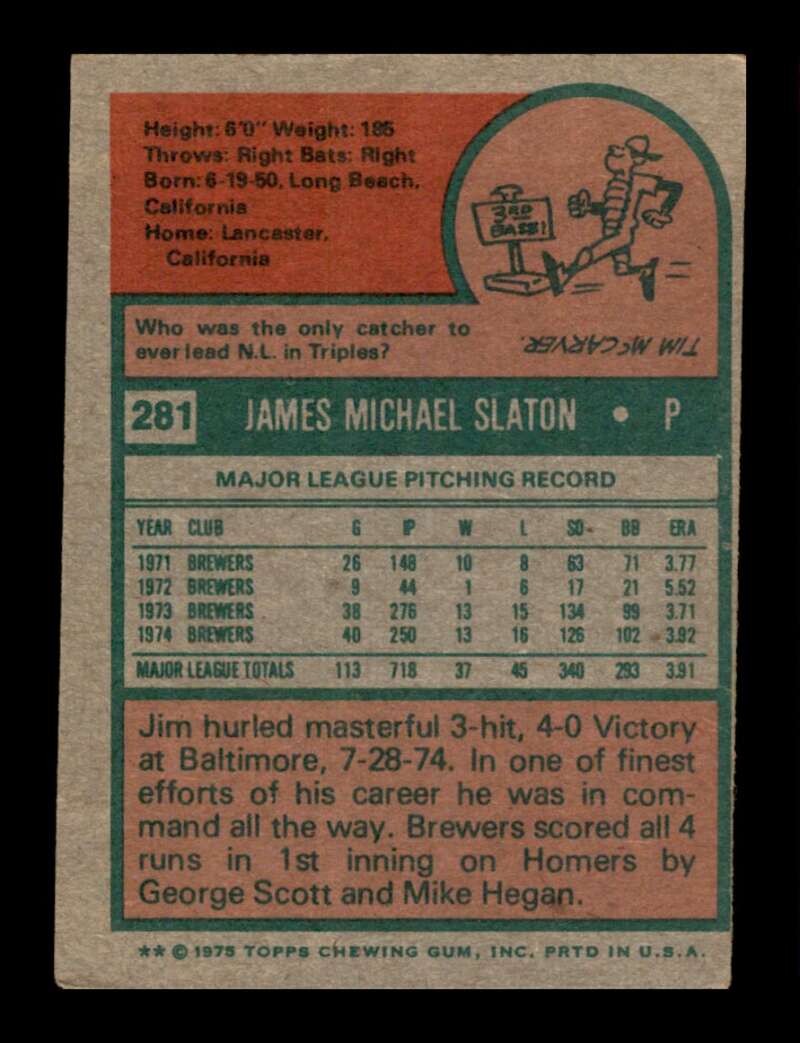 Load image into Gallery viewer, 1975 Topps Jim Slaton #281 Set Break Milwaukee Brewers Image 2
