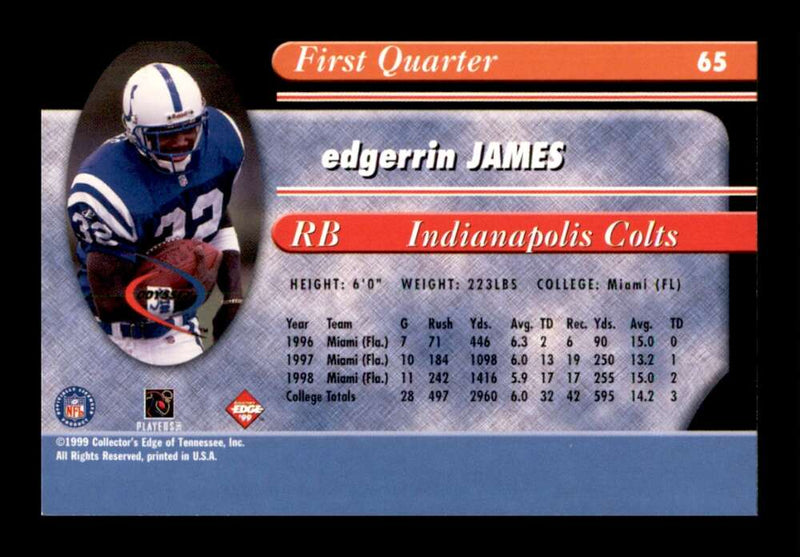 Load image into Gallery viewer, 1999 Collector&#39;s Edge Odyssey Edgerrin James #65 Rookie RC Indianapolis Colts Image 2
