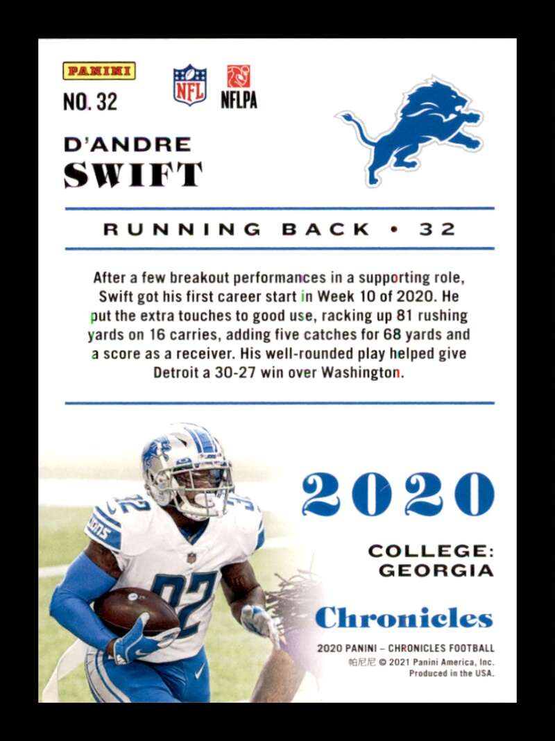 Load image into Gallery viewer, 2021 Panini Chronicles D&#39;Andre Swift #32 Rookie RC Detroit Lions Image 2
