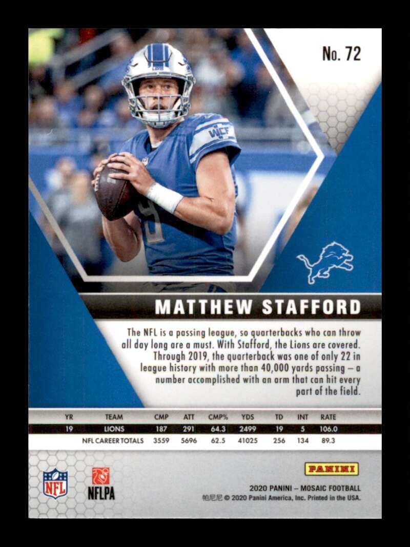 Load image into Gallery viewer, 2020 Panini Mosaic Matthew Stafford #72 Detroit Lions Image 2
