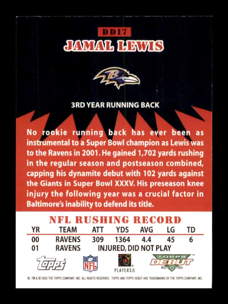 Load image into Gallery viewer, 2002 Topps Debut Dynamite Debuts Jamal Lewis #DD17 Baltimore Ravens Image 2
