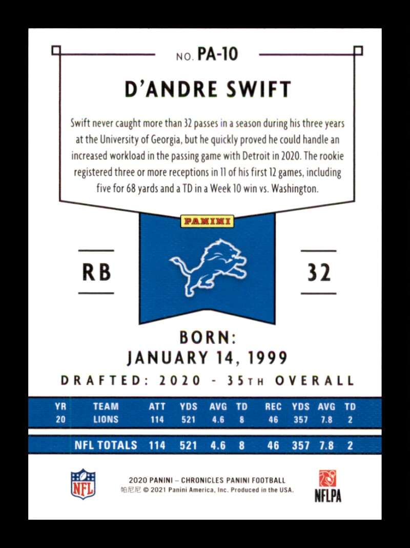 Load image into Gallery viewer, 2021 Panini Chronicles D&#39;Andre Swift #PA-10 Rookie RC Detroit Lions Image 2
