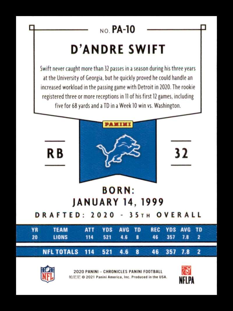 Load image into Gallery viewer, 2020 Panini Chronicles D&#39;Andre Swift #PA-10 Rookie RC Detroit Lions Image 2
