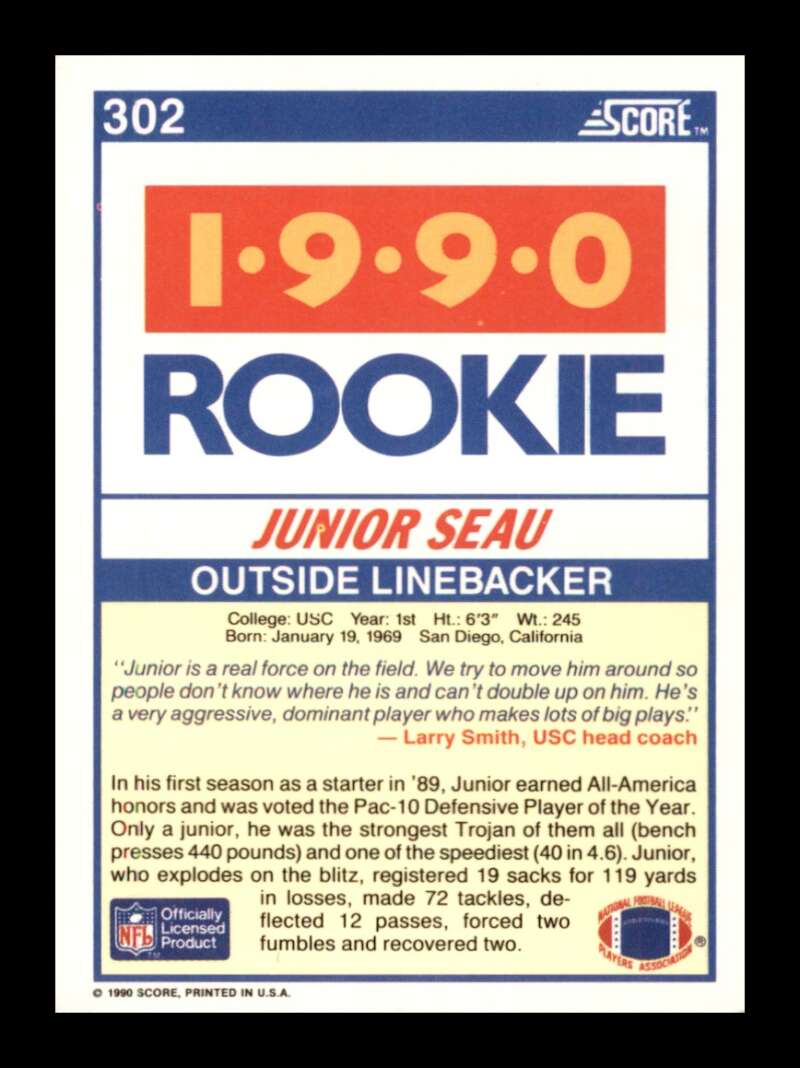 Load image into Gallery viewer, 1990 Score Junior Seau #302 Rookie RC USC Trojans Image 2
